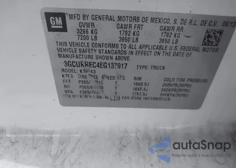 2014 Chevrolet Silverado K1500 Lt z USA, uszkodzony, nr VIN 3GCUKREC4EG137917